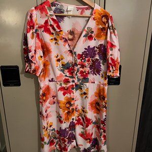 H&M Women's Floral Front Button Puff Sleeve Dress Orange L Casual Boho Chic